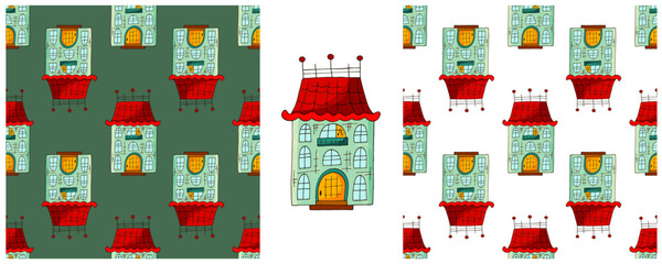 Fototapeta premium Houses. Set city seamless patterns. Pattern in hand draw style