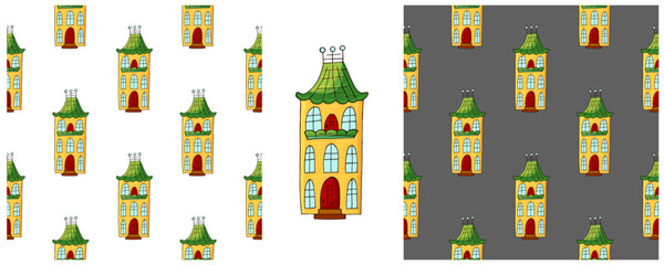 Houses. Set city seamless patterns. Pattern in hand draw style