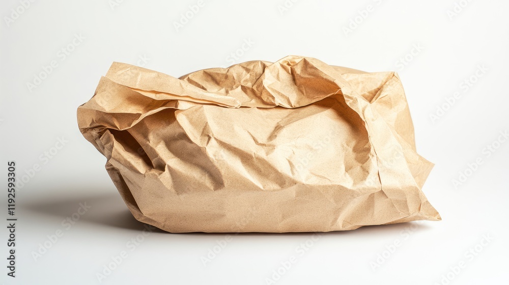 Poster crumpled brown paper bag isolated on a clean white background emphasizing texture and simplicity for
