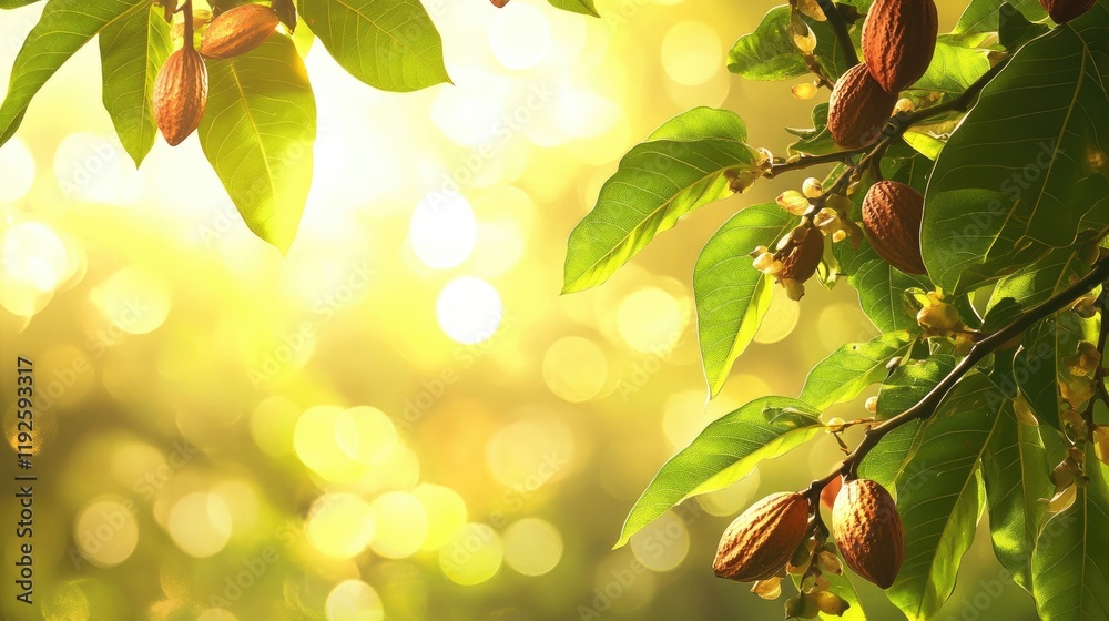 Poster Cocoa tree branches with ripe fruits glowing in soft yellow bokeh background creating a vibrant and warm natural atmosphere