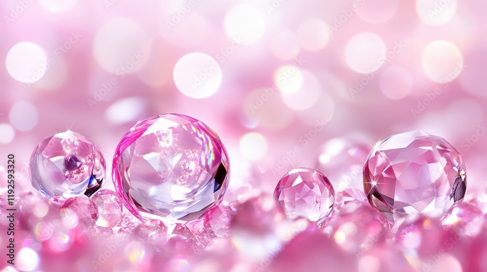 Poster sparkling glass crystal balls surrounded by shimmering gems on a dreamy pink background creating a m