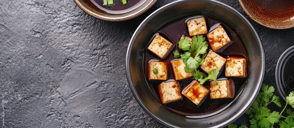 Aufkleber delicious soft tofu in soy sauce garnished with cilantro served in elegant bowls with ample space fo