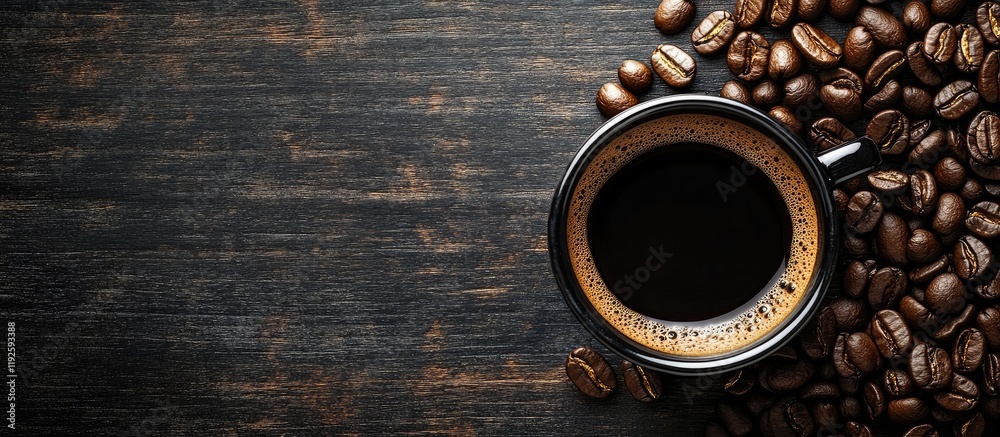 Poster black coffee cup on dark wooden table surrounded by roasted coffee beans with empty space for creati