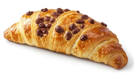 Delicious croissant filled with rich peanut and cocoa cream topped with chocolate chips on a rustic background