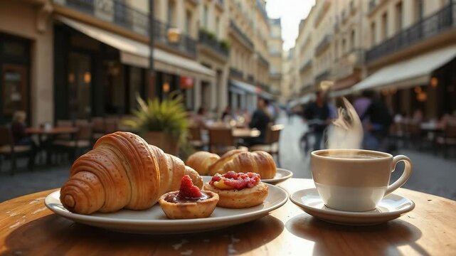 Desayuno parisino con caf&eacute; y croissants en una terraza