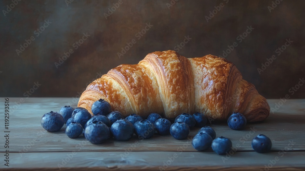 Poster freshly baked croissant with plump blueberries on a rustic wooden surface creating a delightful brea