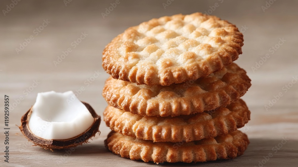 Poster crispy coconut biscuits stacked with a fresh coconut shell on a rustic wooden background. perfect fo