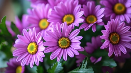Obraz premium Vibrant floral arrangement showcasing lush purple daisies complemented by rich green foliage
