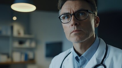 Focused Doctor with Glasses in Contemporary Medical Office Attending to Patient's Needs
