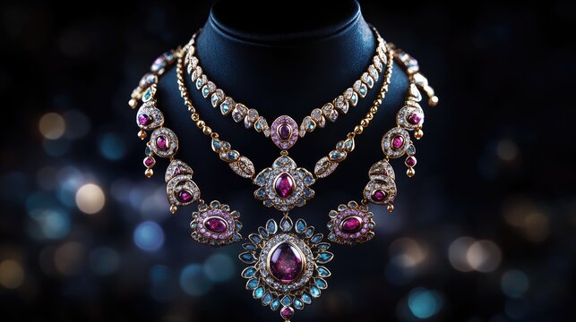 Arabic jewelry showcasing intricate designs and vibrant gemstones illuminated against a dark background for striking visual appeal