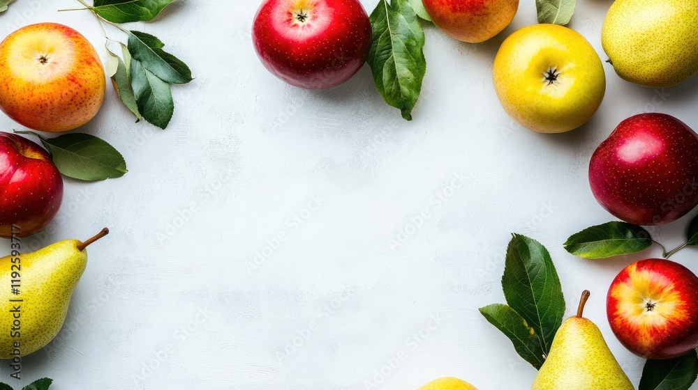 Poster freshly picked summer apples and pears arranged in a decorative circle on a white background for a v