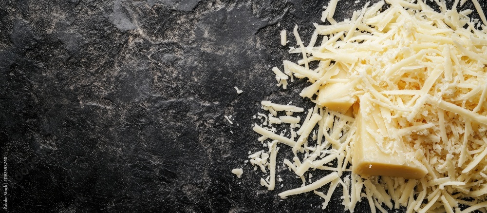 Poster shredded gruyere swiss cheese on a dark rustic background perfect for culinary themes and text place