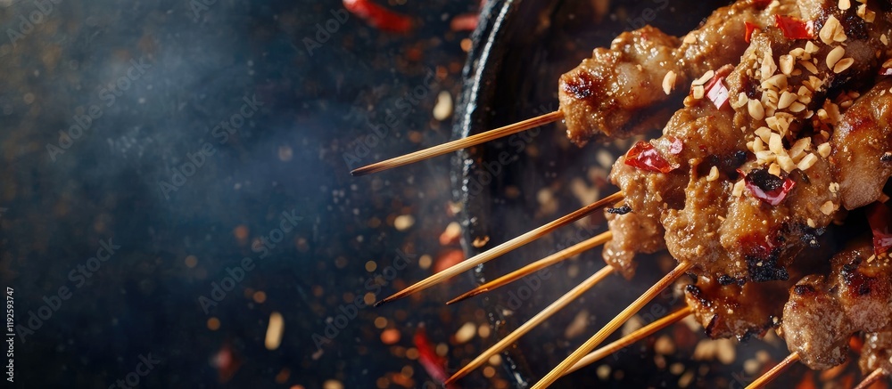 Aufkleber Savory grilled satay skewers with spices and chili splashes offering ample empty space for creative text placement