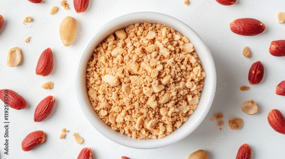 Poster crushed peanuts with masba coating surrounded by red peanuts in a white bowl on a clean white backgr