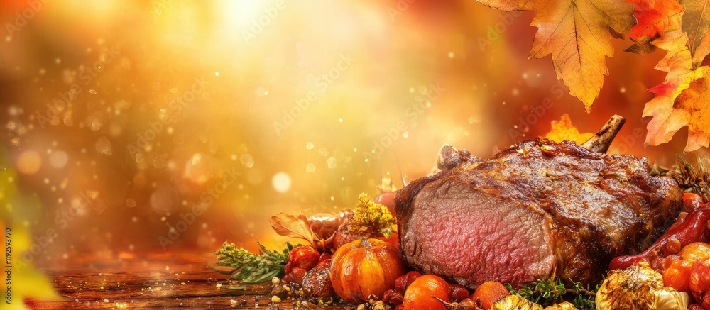 Aufkleber roast beef dish with vibrant autumn vegetables and seasonal colors featuring empty space for text ov