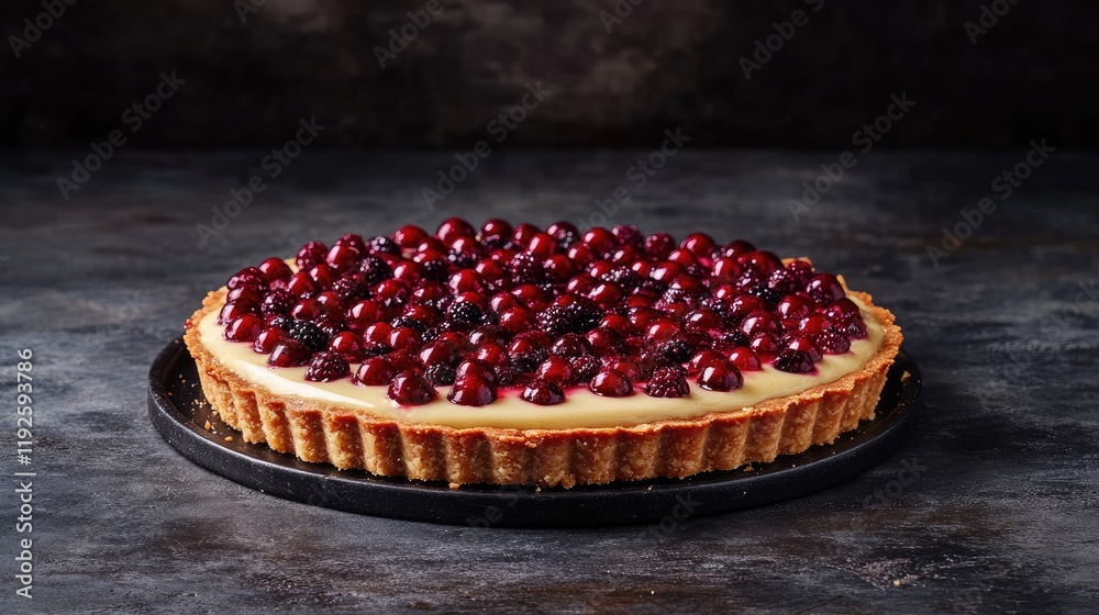 Poster decadent tart featuring rich custard filling topped with fresh red berries on a dark rustic backgrou