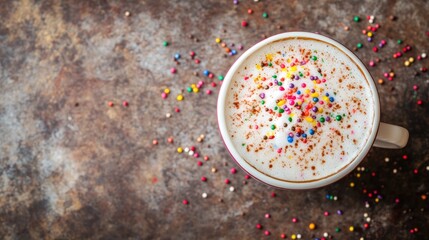 Festive latte with colorful sprinkles on a textured brown background creating a warm holiday vibe with space for text and no people present