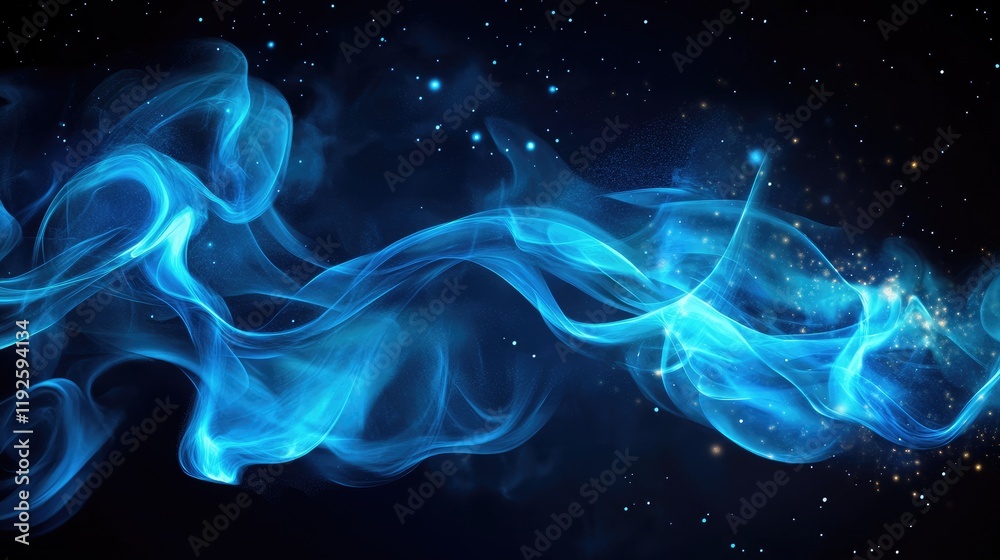 Poster blue ethereal smoke wave on a dark starry background creating a mystical and cool ambiance for artis