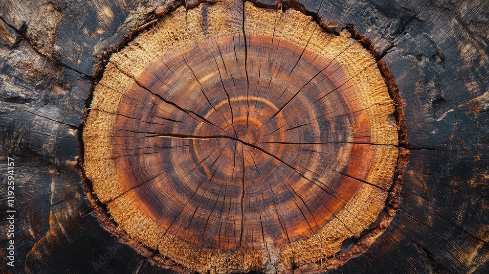 Poster cross section of an aged tree stump displaying annual rings and rich wood grain texture showcasing n