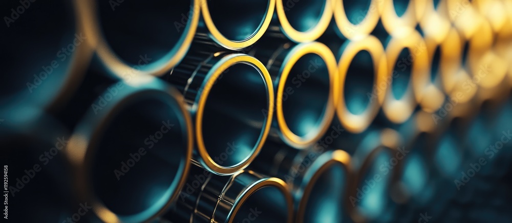 Aufkleber Close up view of metallic pipe tubes arranged in a row with empty space for text showcasing industrial materials and design elements