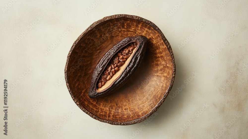 Poster cross section of cacao pod showcasing seeds in rustic bowl on neutral background