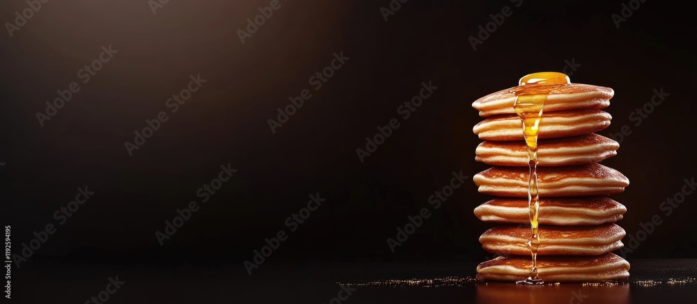 Poster stack of fluffy pancakes with melting butter on top against a dark background ideal for food adverti