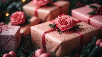 Elegant gift boxes wrapped in pink and red with polka dot patterns, decorated with roses, greenery, and festive accents for special celebrations.