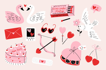 Valentines Day romantic elements. Cartoon retro love symbols, abstract stickers with heart candy cake and love letters for greeting card design. Vector flat set © Yelyzaveta