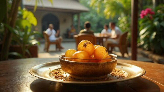 Frutas tropicales en un bol con ambiente relajado al aire libre