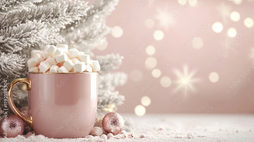 Aufkleber cocoa with marshmallows in a pink mug surrounded by christmas decorations and soft bokeh lights for 