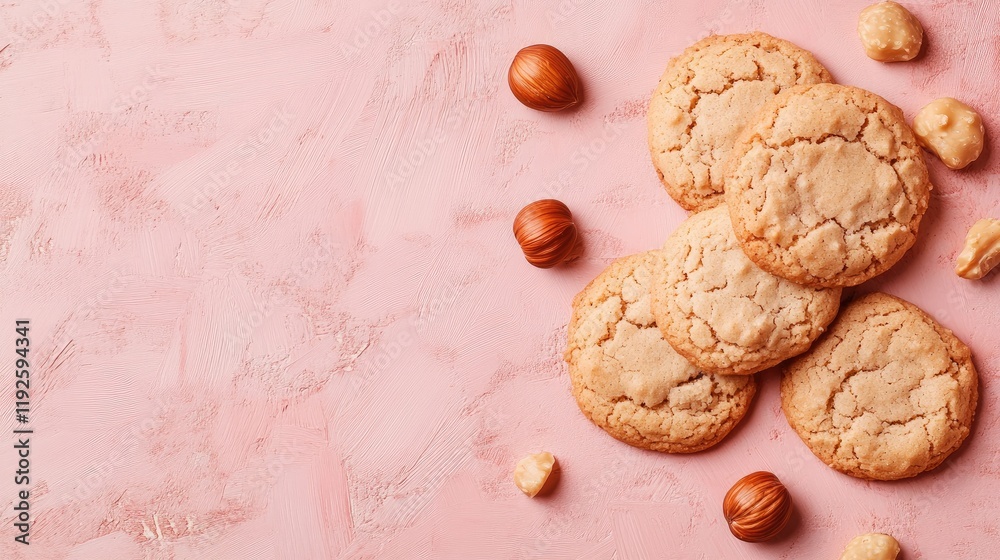 Poster homemade snickerdoodle cookies surrounded by hazelnuts on a soft pink background
