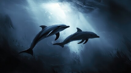 Fototapeta premium Graceful dolphins swimming under the serene ocean surface illuminated by gentle rays of light showcasing marine beauty and tranquility.