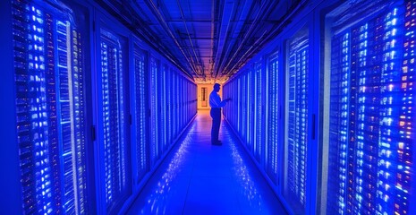 Fototapeta premium A technician inspecting server racks in a dimly lit data center with blue lighting effects