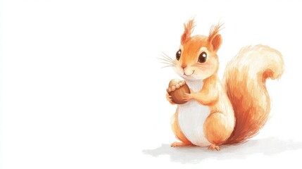 Cute orange squirrel holding an acorn in a playful and vibrant illustration style. Generative AI