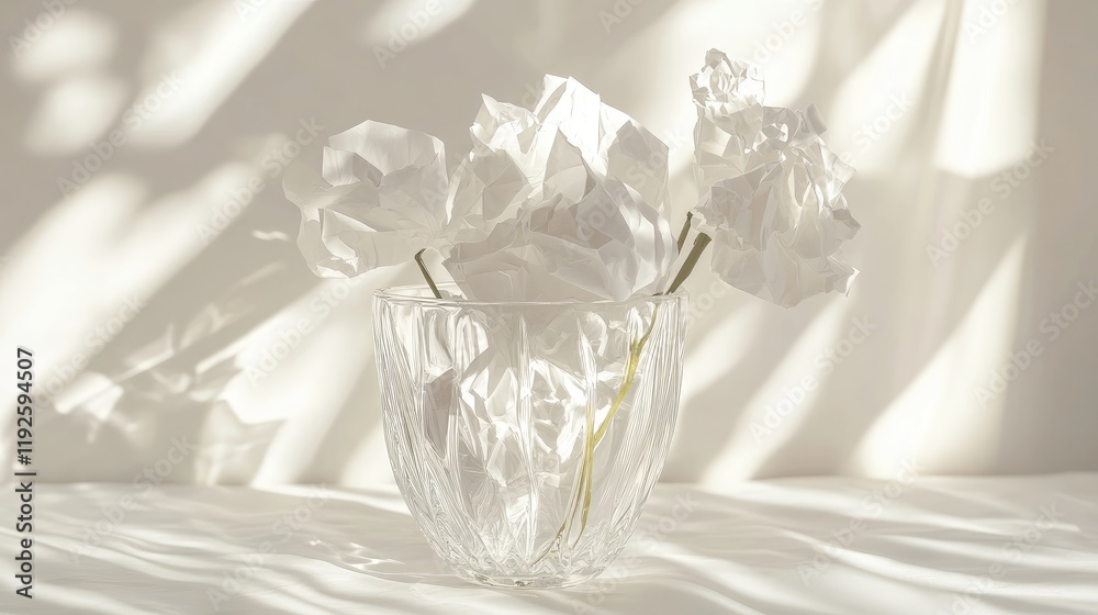 Poster crumpled white paper flowers in a clear glass vase with soft shadows and natural light backdrop for 