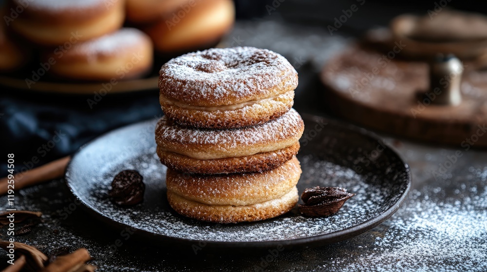 Poster delightful vanilla baked goods beautifully stacked on a plate with a sprinkle of powdered sugar clos