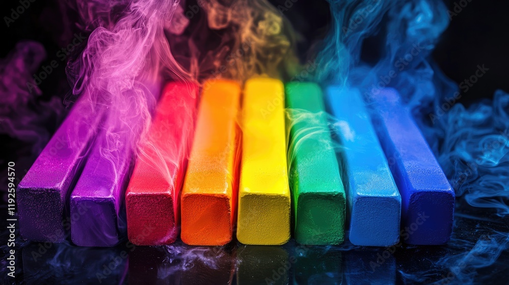 Poster colorful rainbow chalk pastels with vibrant smoke effects creating a striking visual display on a da