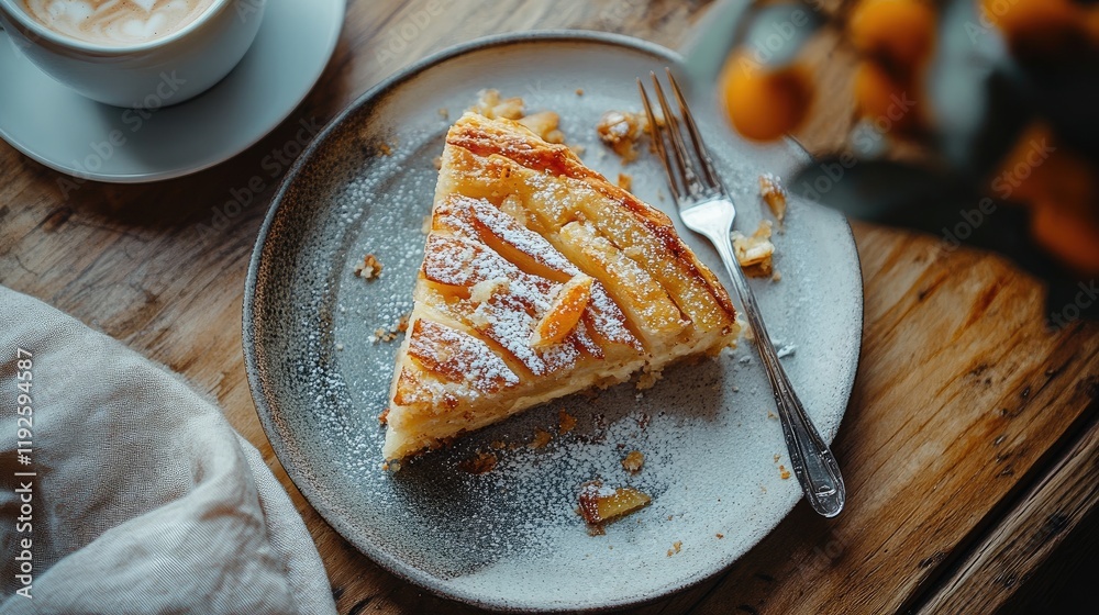 Poster delicious pear cake slice served on a plate with a fork beside coffee cup on rustic wooden table set