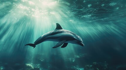Obraz premium Dolphin gracefully swimming underwater illuminated by sunbeams while waiting for food in a serene ocean environment