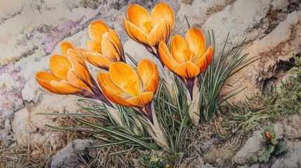 Vibrant Orange Crocus Flowers Blooming Amidst Natural Rocky Terrain in Springtime Beauty