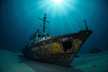 Fototapeta premium An old shipwreck rests on the sandy bottom of the ocean floor, bathed in the light of the sun shining through the blue water