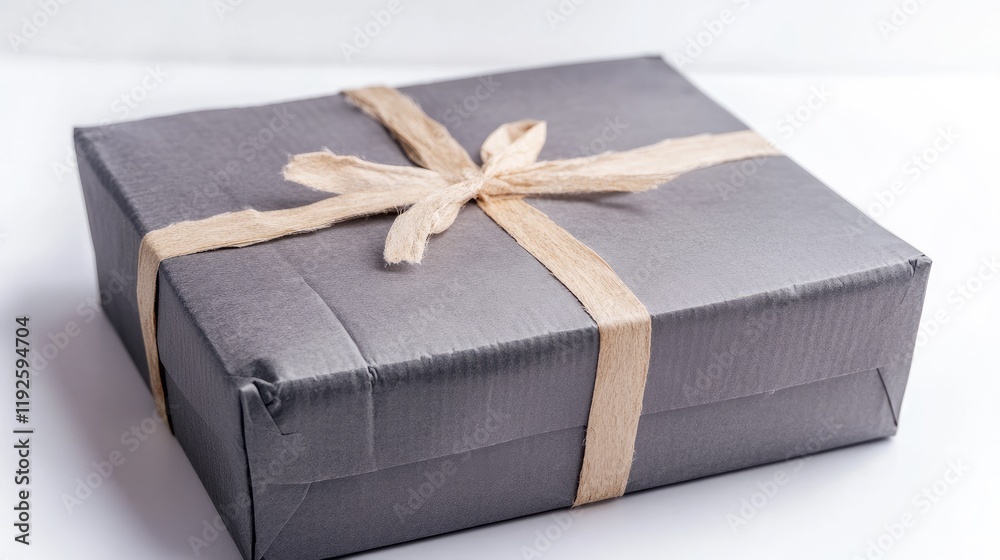 Poster gray cardboard box wrapped with ribbon for delivery on white background perspective view