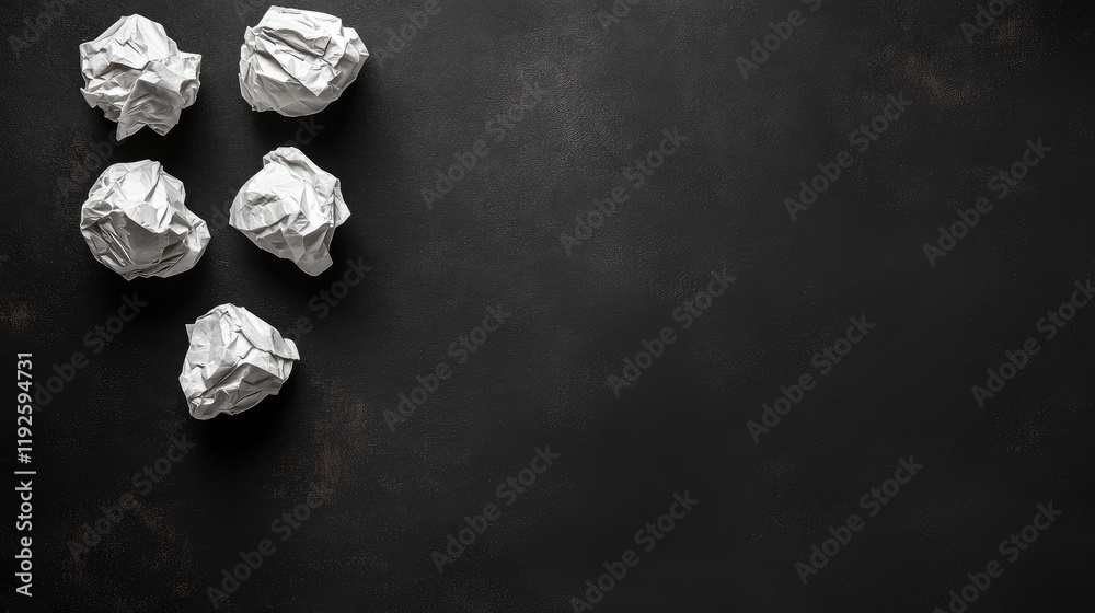 Poster Crumpled paper balls arranged on a black textured background providing ample space for your creative text or design ideas
