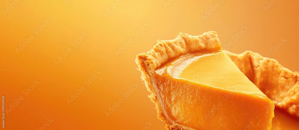 Poster delicious golden crust pumpkin pie slice with pumpkin spice against a warm orange background perfect