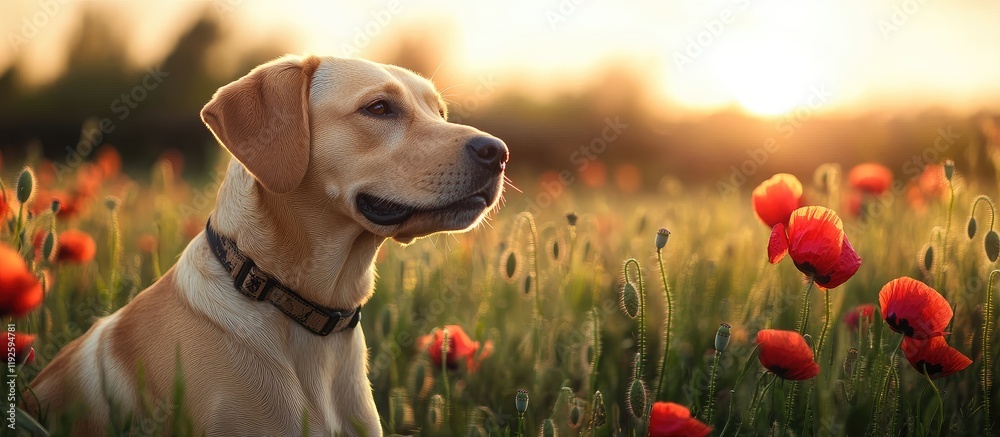 Aufkleber golden sunset with dog in a field of poppies and grass ideal for text overlay in a serene nature sce