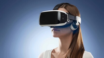 Young woman wearing virtual reality headset immersed in digital world isolated on a gradient background --ar 16:9 --v 6 Job ID: c48a2ce8-85d0-466f-8bf5-af0459efd7ee