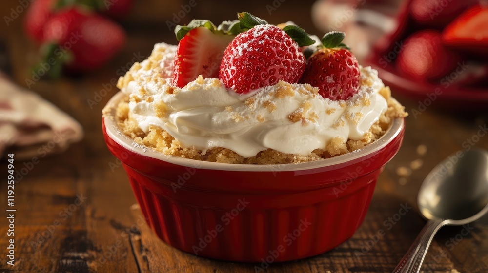 Poster fresh strawberry shortcake in a red bowl topped with whipped cream and strawberries on rustic wooden