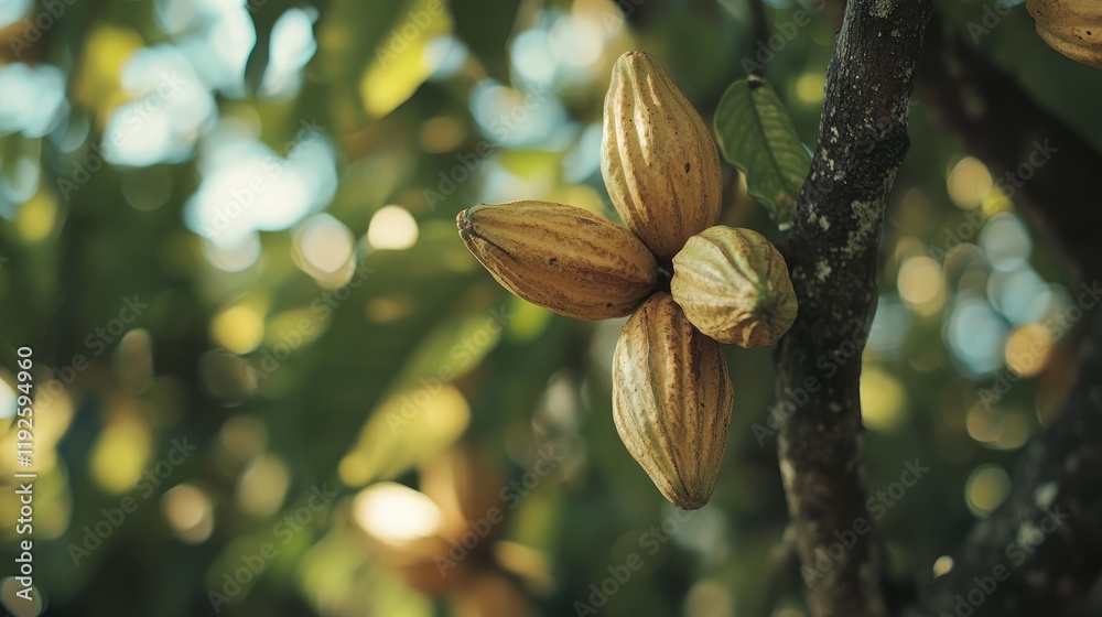 Poster Cocoa fruit growing on cocoa tree branches surrounded by lush green foliage in a natural field setting.