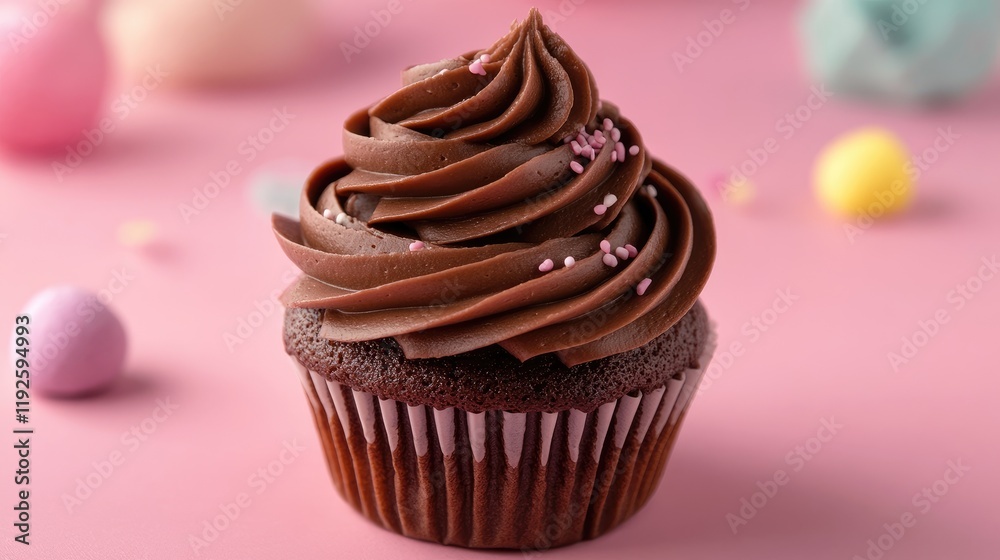 Poster vegan chocolate cupcake with smooth icing and colorful pastel decorations on a soft pink background 