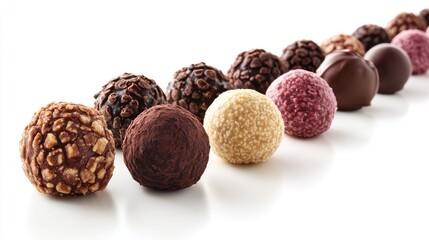 Assortment of Gourmet Chocolate Truffles Featuring Diverse Flavors and Textures on a White Background